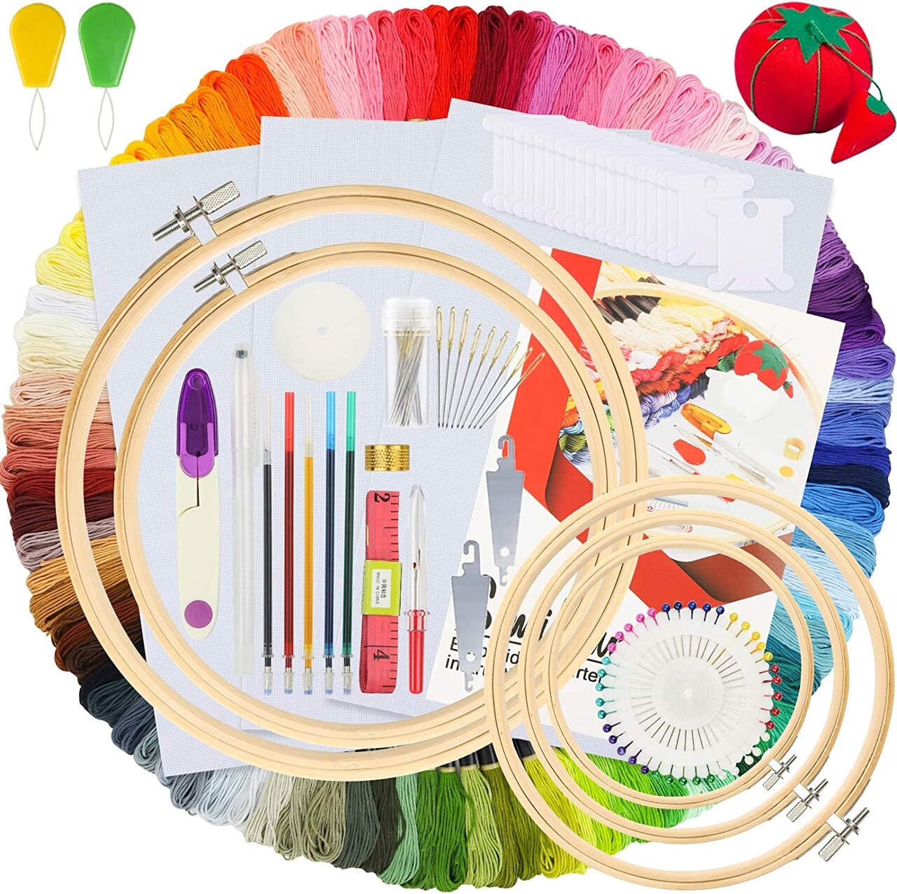 Embroidery Kit 215 Pcs,100 Colors Threads,5 Pcs Embroidery Hoops,3 Pcs Aida  Cloth,40 Sewing Pins,Cross Stitch Tools and Embroidery Starter Kit for  Adults and Kids Beginners